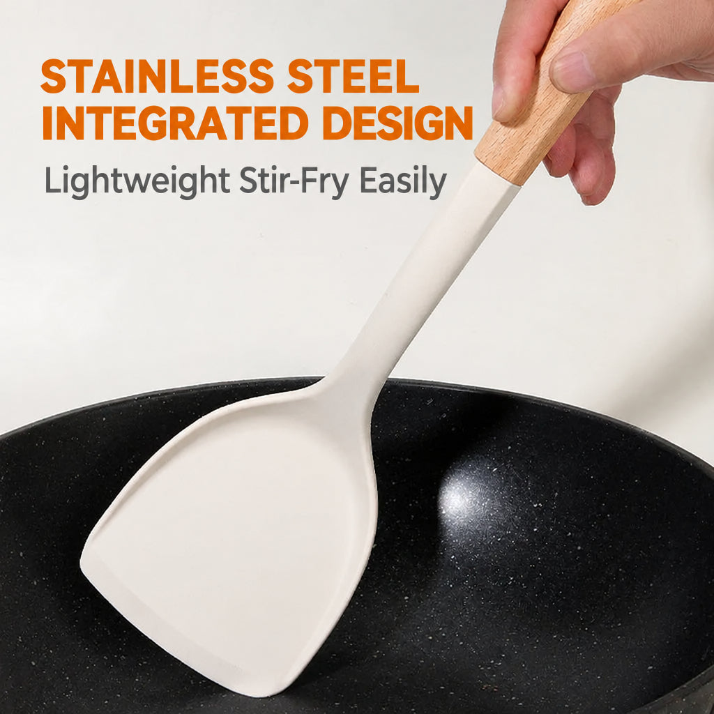 Wooden Handle Silicone Kitchen Utensil Set, Non-Stick Pan, Silicone Spatula, Soup Spoon, High Temperature Resistant Silicone Cooking Spatula, Daily Kitchen Utensils
