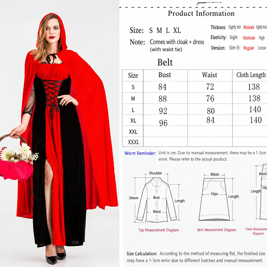 Halloween Retro Palace Dress Little Red Riding Hood Long Dress Cosplay Queen Character Performance Costume