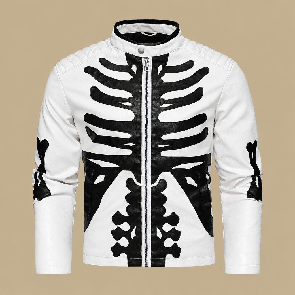 Spring Autumn Winter Men's Leather Coat Halloween Human Bone Row Pu Leather Jacket Skull Party Performance Costume Trendy Men's Jacket