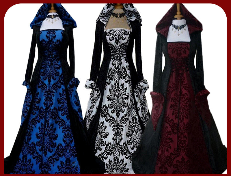 Special Big Sale - Retro Medieval Printed Long Dress Victorian Hooded Dress Stage Performance Costume