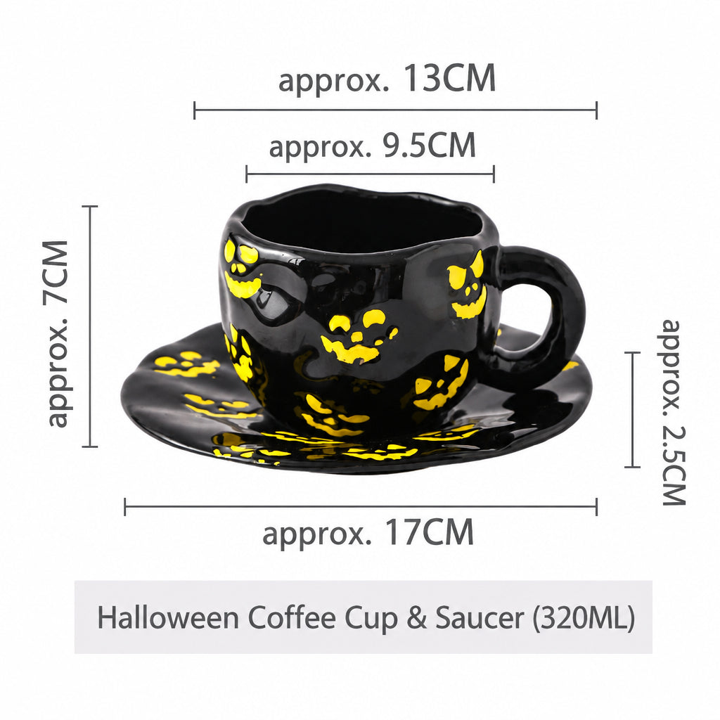 Creative Halloween-Themed Ceramic Cup and Saucer, Irregular Personalized Coffee Cup and Saucer with Pumpkin and Bat Patterns