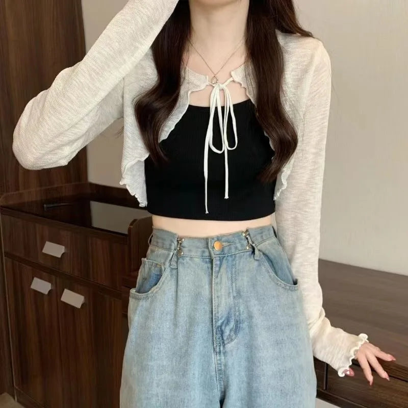 Summer Women Thin Sunscreen Cardigan Lace-up Knitwear Tops Female Korean Style Lantern Sleeve Short Coat Casual Sun Protected