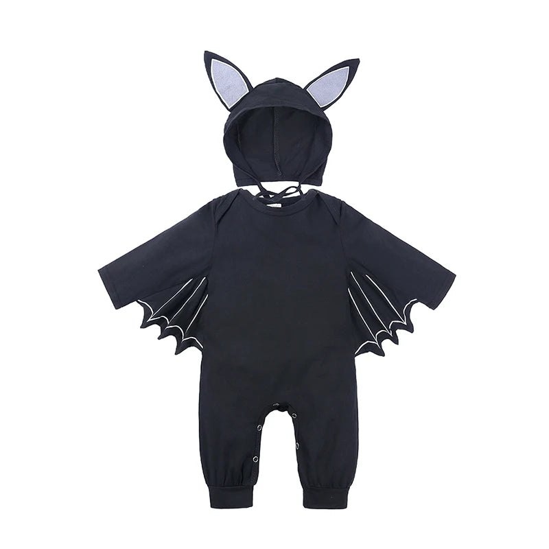 Halloween Baby Clothes Bat Costume Cotton Newborn Rompers Long-Sleeve New Born Outfits Black Jumpsuit with 3D Wings & Eared Hat