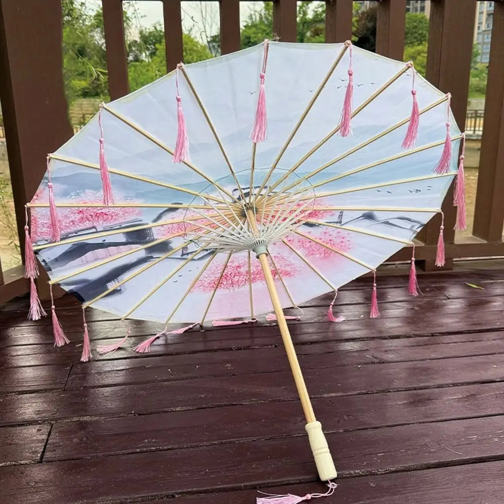 70cm Silk Fabric Tassel Umbrella Handheld Chinese Style Ancient Dance Umbrella Rainproof Decorative Classical Oil Paper Umbrella