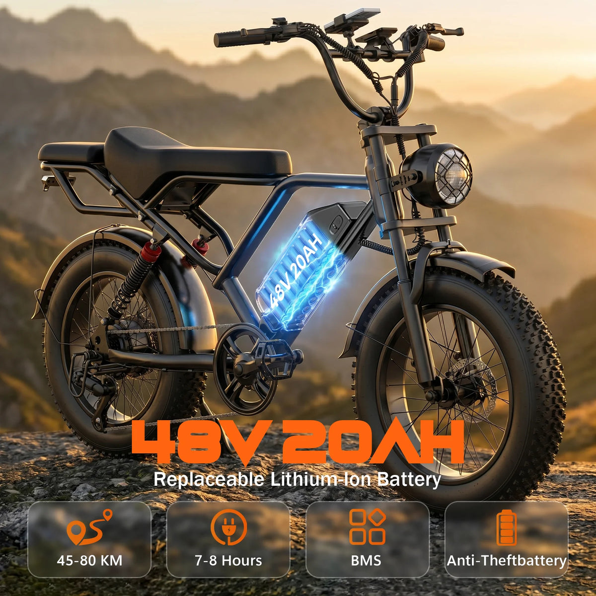 HEADEER BK20 Electric Bike 48V20Ah Lithium Battery, Max Range 80Km, 20" Off-Road Fat Tires All‑terrain E-Bike with APP