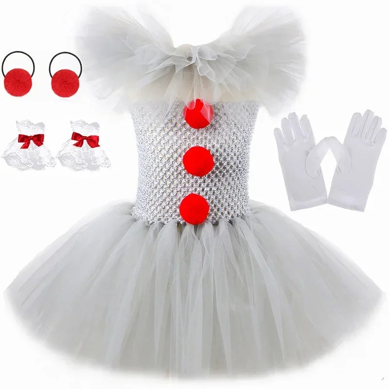 Halloween Pennywise Costume for Kids Creepy Clown Gray Joker Tutu Dress Outfit Girls Fancy Carnival Party Tulle Dress Up Clothes