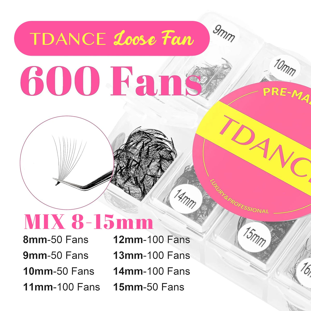 TDANCE 600 Fans Loose Fan Mixed Length Slim Medium Base Sharp Pointy Stem Premade Russian Volume Loose Fans Eyelashes Extensions