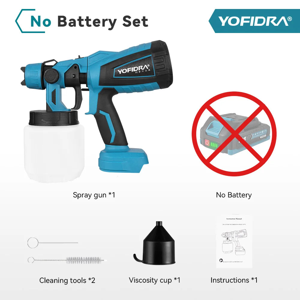 YOFIDRA 1000ML Cordless Electric Spray Gun 55000RPM Handheld Paint Sprayer Auto Coating Airbrush Tool for Makita 18V Battery Pin