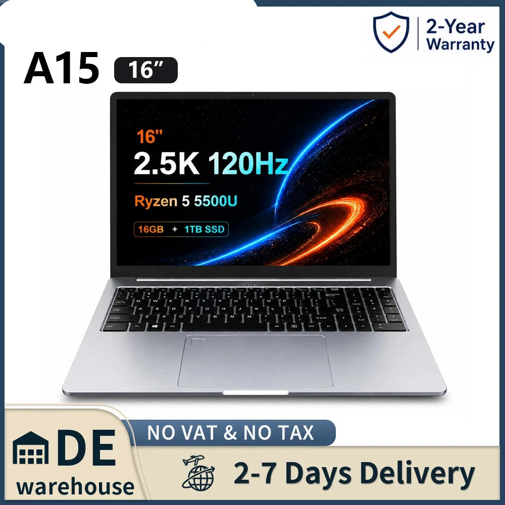Ninkear A15 Pro Laptop AMD Ryzen 5 5500U 16GB RAM 1TB SSD 16 inch 2.5K 120Hz IPS Metal Body Windows 11 WiFi6 Fingerprint Business Office Gaming Notebook Portable Computer