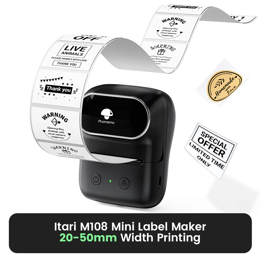 Phomemo 203dpi M110 M220 M108 Label Maker Tag Price Portable Thermal Label Printer with White Photo Labels for Bakery/Business