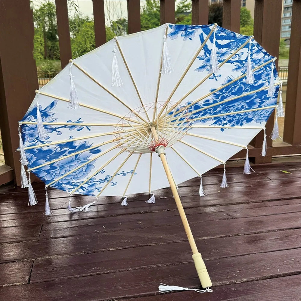70cm Silk Fabric Tassel Umbrella Handheld Chinese Style Ancient Dance Umbrella Rainproof Decorative Classical Oil Paper Umbrella