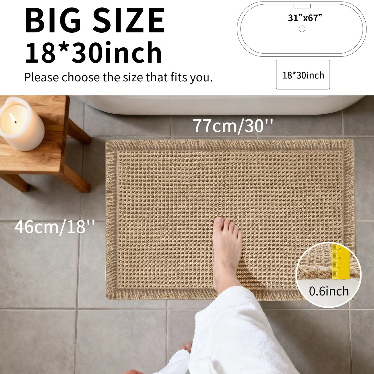 Super Absorbent Bath Mat with Non Slip Backing Waffle Textured Bathroom Rug for Shower Tub Quick-Dry Bath Mat Floor Protection