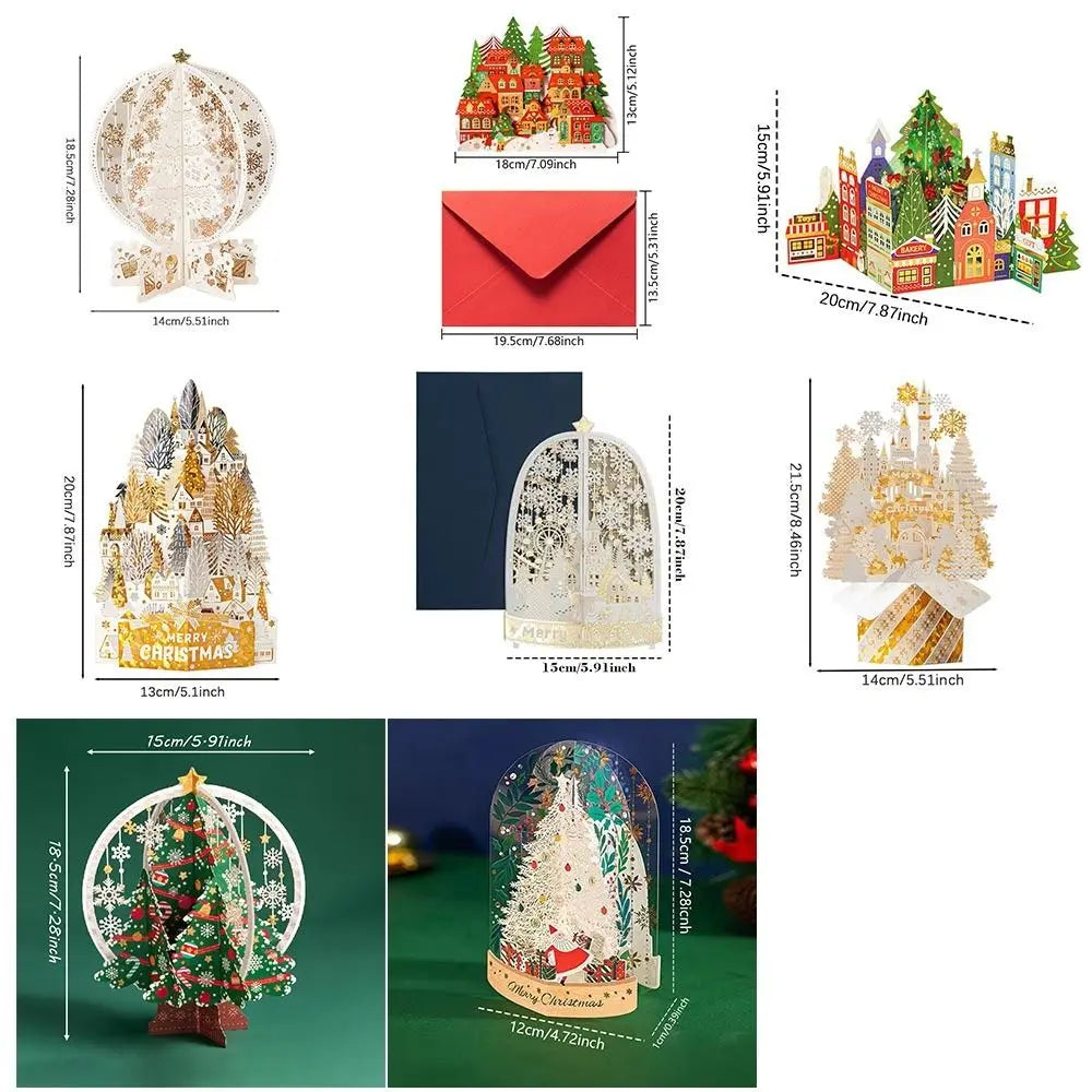 Paper Christmas 3D Greeting Card Gold Plated with Envelope Merry Christmas Blessing Cards Ornaments Craft Paper Carving Postcard