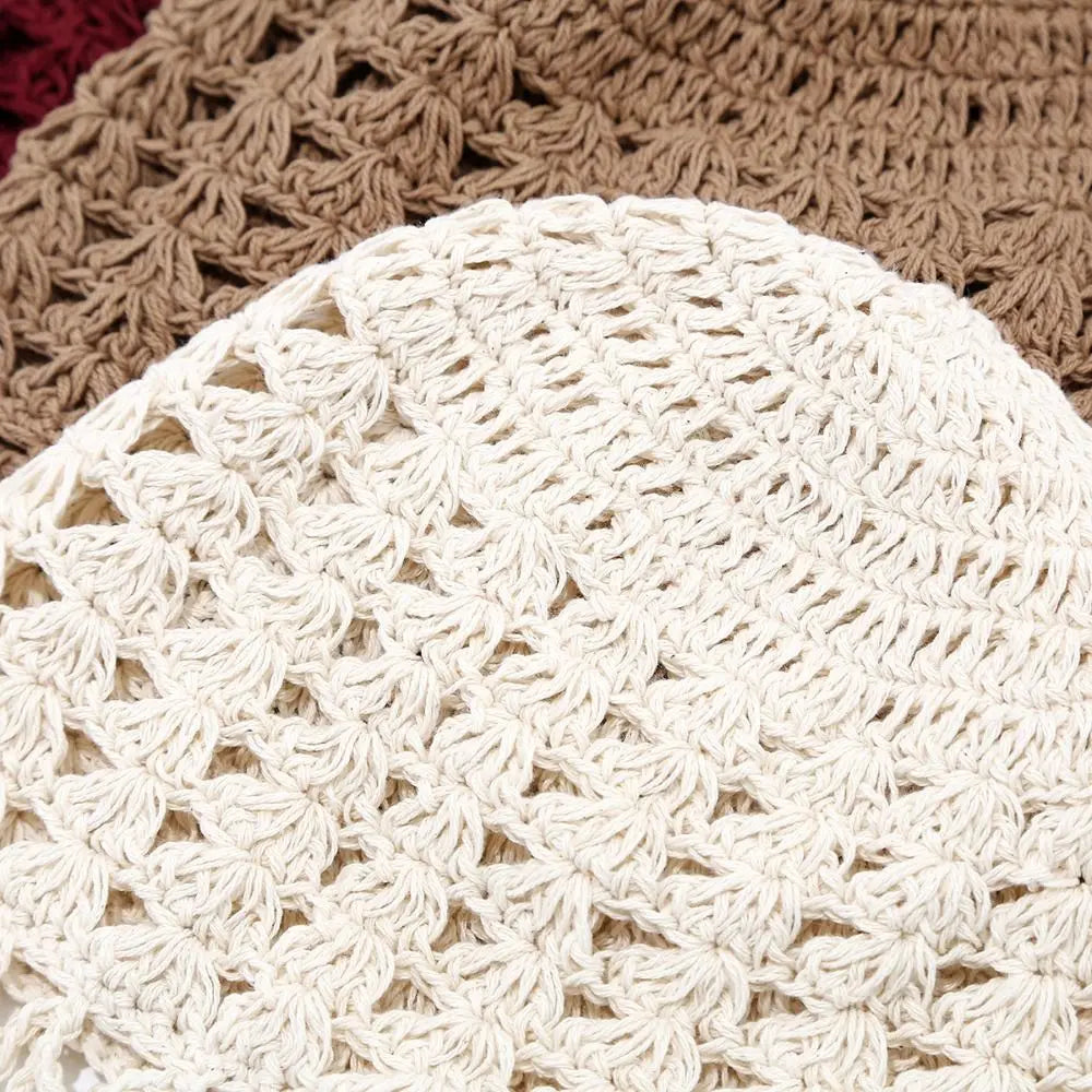 Cute Sweet Crochet Hollow Knitted Hat Bohemian Style Hollow Out Ethnic Style Hat Korean Beads Tassels Weave Cap Outdoor