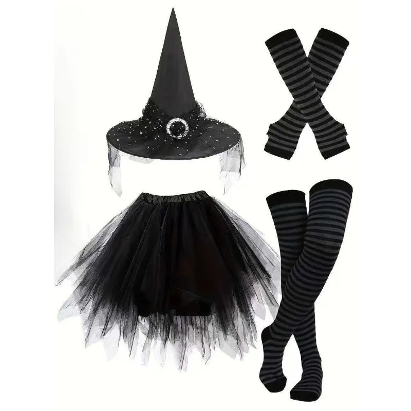 Halloween Witch Costume Set Witch Hat Striped Tights Tutu Skirt Party Fancy Dress Outfit for Holiday Cosplay Dress Up