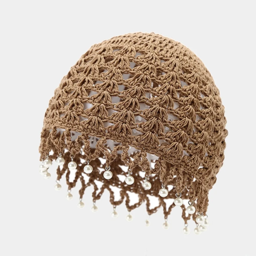 Cute Sweet Crochet Hollow Knitted Hat Bohemian Style Hollow Out Ethnic Style Hat Korean Beads Tassels Weave Cap Outdoor