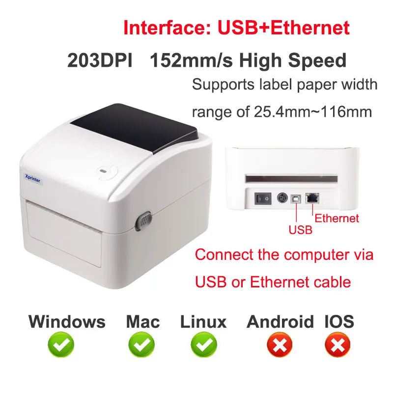 Xprinter 152MM/S Thermal Shipping Label Printer Barocde Sticker Printer 203DPI Printing Paper Width Between 25.4nm and 116mm