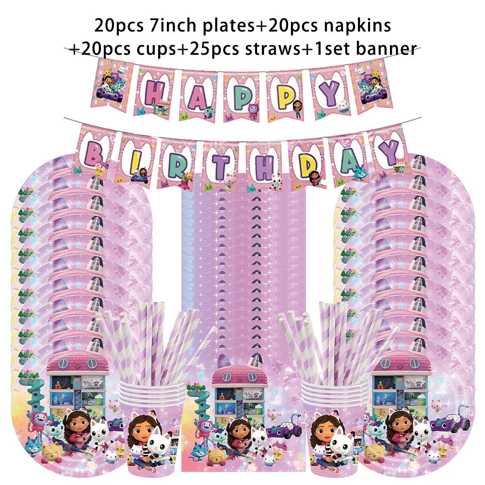 Pink Gabby Dollhouse Birthday Tableware Cat Girls Disposable Plates Cups Napkins Kids Girls Birthday Party Baby Shower Decor