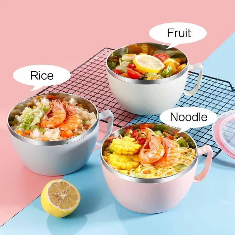 Portable Stainless Steel with Lid Instant Noodle Bowl Double Insulated Anti-scald Lunch Box Kitchen Supplies