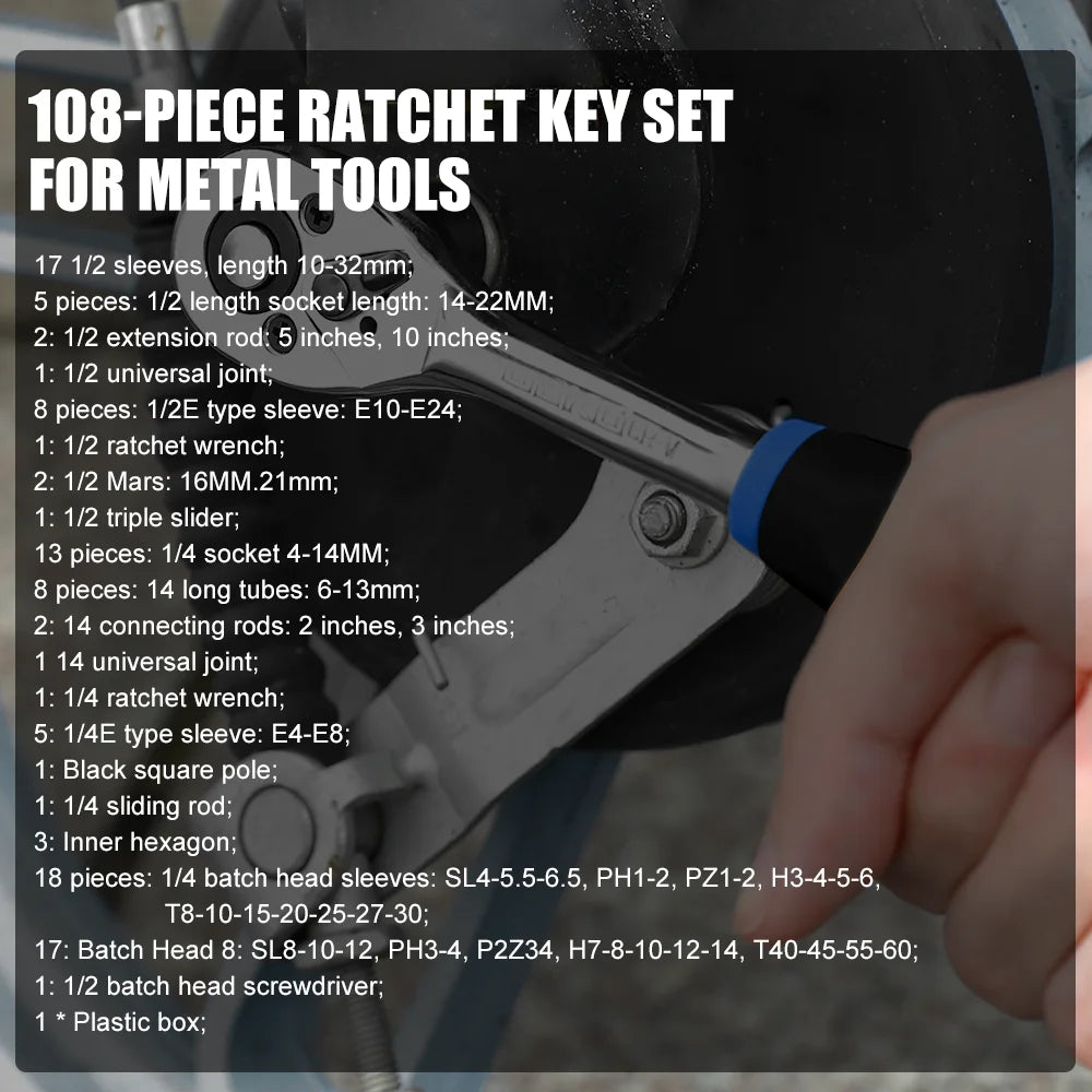 Ratchet Socket Wrench Set 108pcs With Tap and Tap Wrench Car Repair Tool Sets Ratchet Torque Wrench Combo Kit Ratchet Spanner Screwdriver Bits Hand Tool