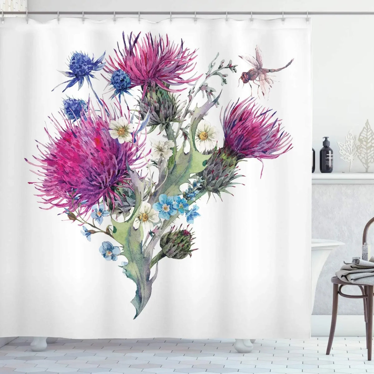 Rose Butterfly White Flower Shower Curtain Floral Print Waterproof Polyester Bathroom Curtain Fabric For Bathtub Decoration