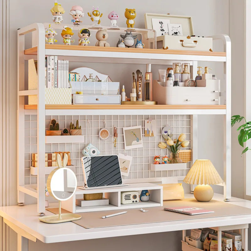 Bookcase With Grid Bookshelf Desktop Multi-layer Wrought Iron Shelf Student Computer Desk Table Hole Board Table Wooden Shelves