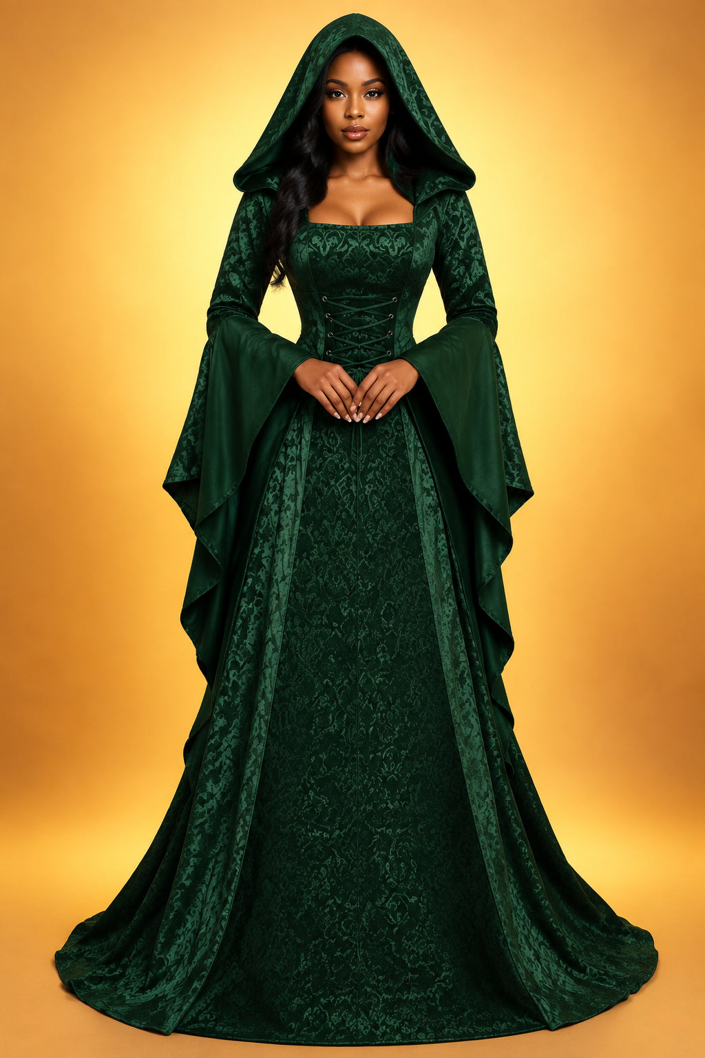 Halloween Cosplay Women's Luxury Witch Hooded Dress Costumes Retro Embroidered Renaissance Gothic Wedding Floor Length Dress
