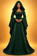 Halloween Cosplay Women's Luxury Witch Hooded Dress Costumes Retro Embroidered Renaissance Gothic Wedding Floor Length Dress