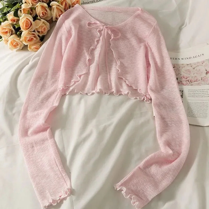 Summer Women Thin Sunscreen Cardigan Lace-up Knitwear Tops Female Korean Style Lantern Sleeve Short Coat Casual Sun Protected