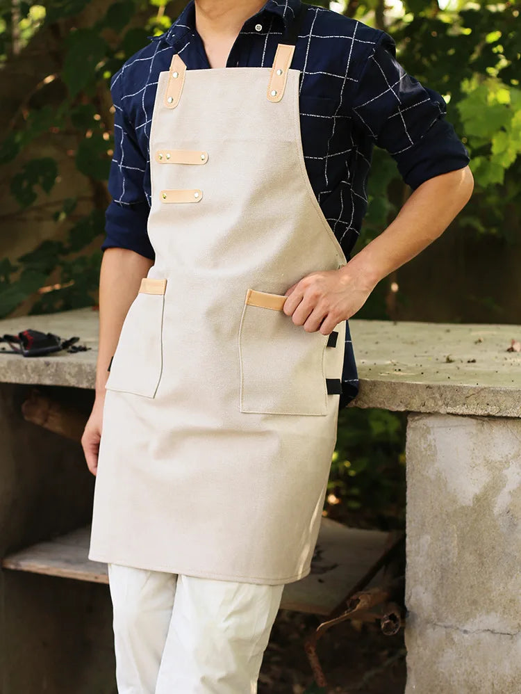 Grembiule da cucina in tela resistente, grembiule da lavoro da barbiere, unisex, con cinghie incrociate regolabili, grembiule con pettorina in ecopelle per parrucchiere da uomo