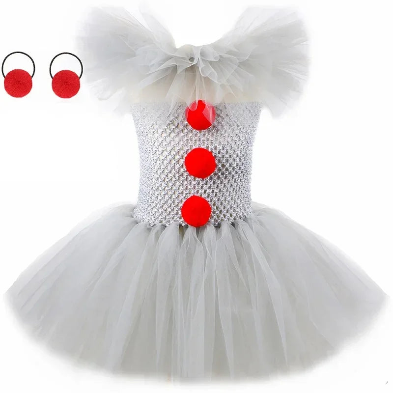 Halloween Pennywise Costume for Kids Creepy Clown Gray Joker Tutu Dress Outfit Girls Fancy Carnival Party Tulle Dress Up Clothes
