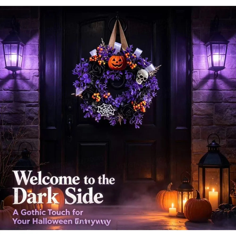 Halloween Themed Party Wall Home Decor Black Purple Artificial Flower Wreath Front Door Indoor Outdoor Hanging Holiday Accessory