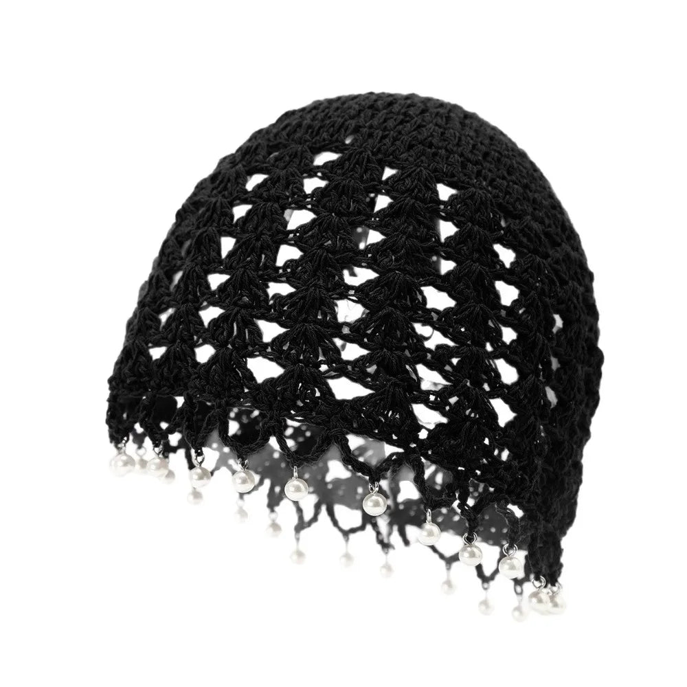 Cute Sweet Crochet Hollow Knitted Hat Bohemian Style Hollow Out Ethnic Style Hat Korean Beads Tassels Weave Cap Outdoor