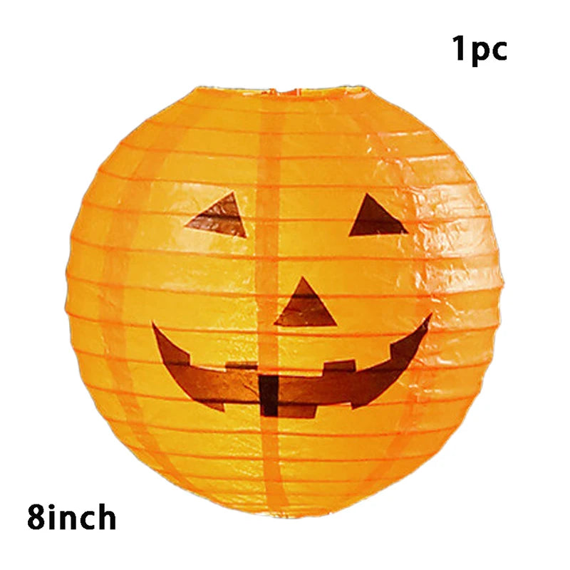 1-10pcs 8 Inch Halloween Pumpkin Paper Lanterns Hanging Folding Haunted House Horror LED 3D Props Holiday Party Ghost Lamp Decor