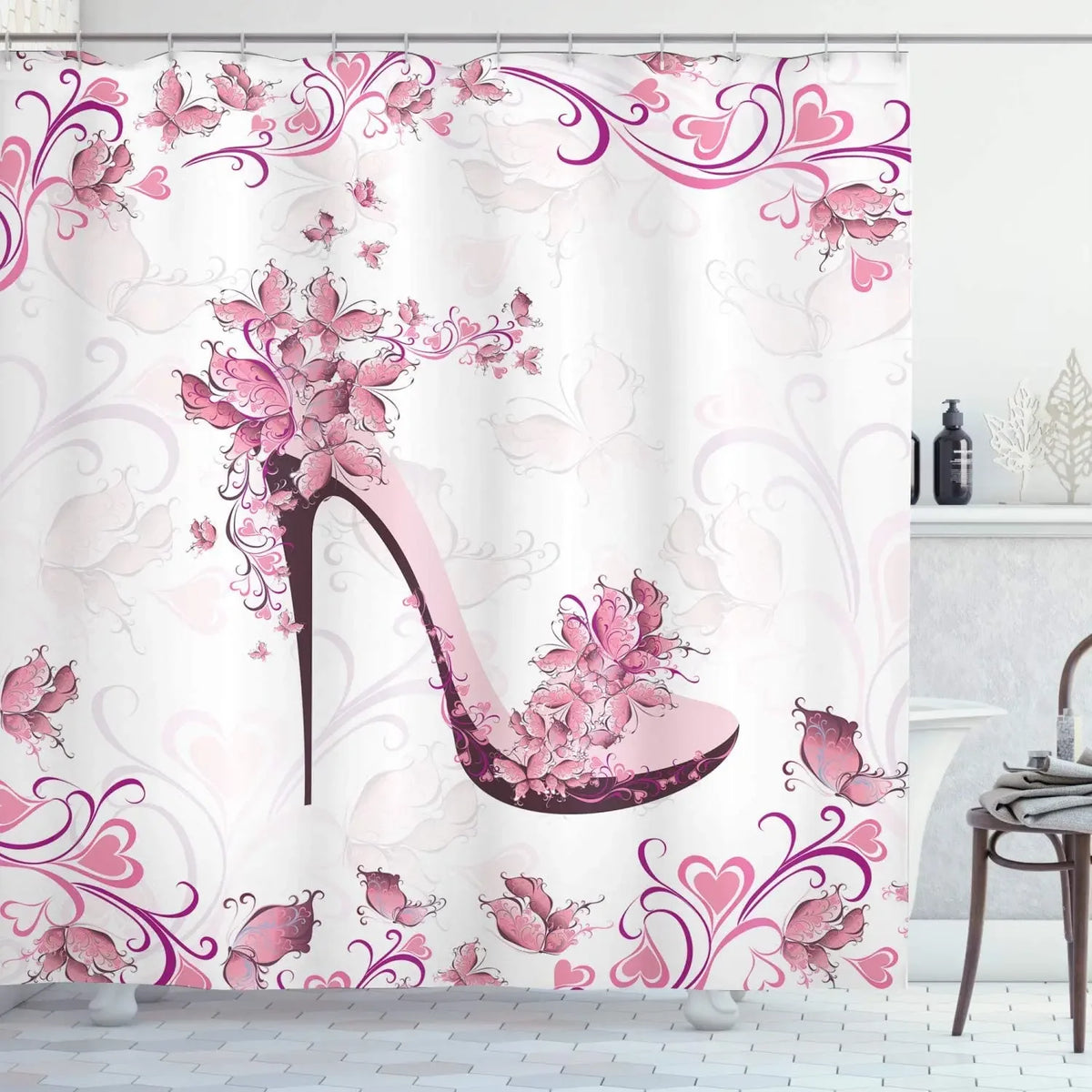 Rose Butterfly White Flower Shower Curtain Floral Print Waterproof Polyester Bathroom Curtain Fabric For Bathtub Decoration