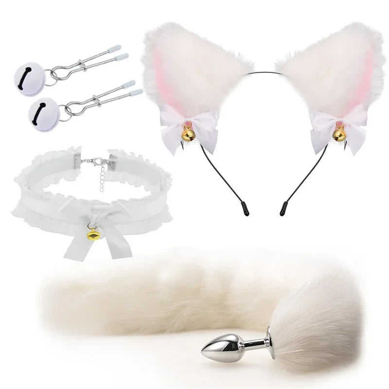 NEW 3pcs Halloween Party Cos Plush Animal Ear Animal Tail Suit Fox Ear Wolf Ear Headband Tail Accessories Cat Head Bell Collar