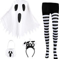 Halloween Ghost Costumes for Women Adult Ghost Poncho/Headband/Stripe Tights/Bag,Easy Halloween Costumes for Cosplay Party