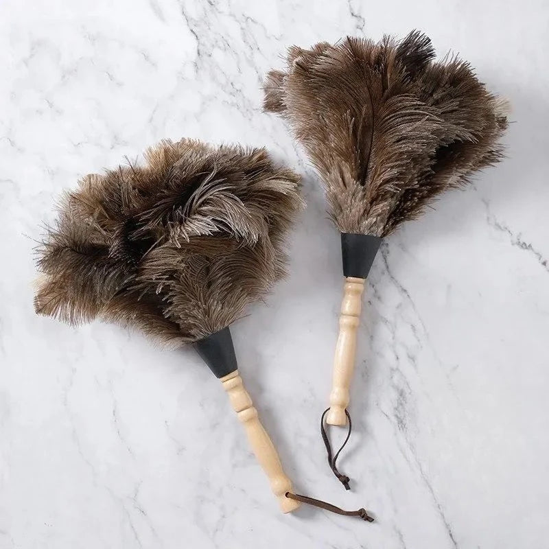 Ostrich Feather Duster with Wooden Handle Anti-static Dust Removal Brush for Home Office Furniture Daily Cleaning Tools