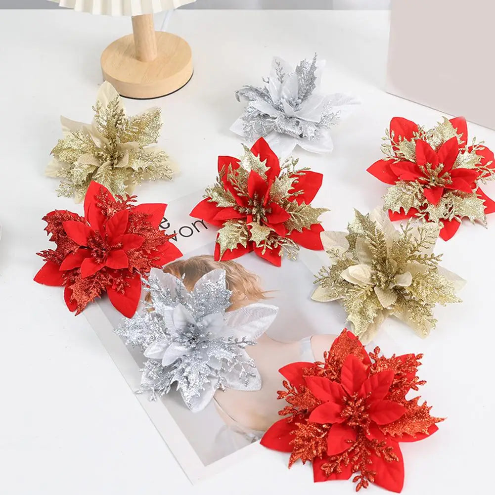 10Pcs Glitter Artificial Christmas Flowers Merry Christmas Tree Decoration Happy New Year Ornaments Xmas Flowers Decor