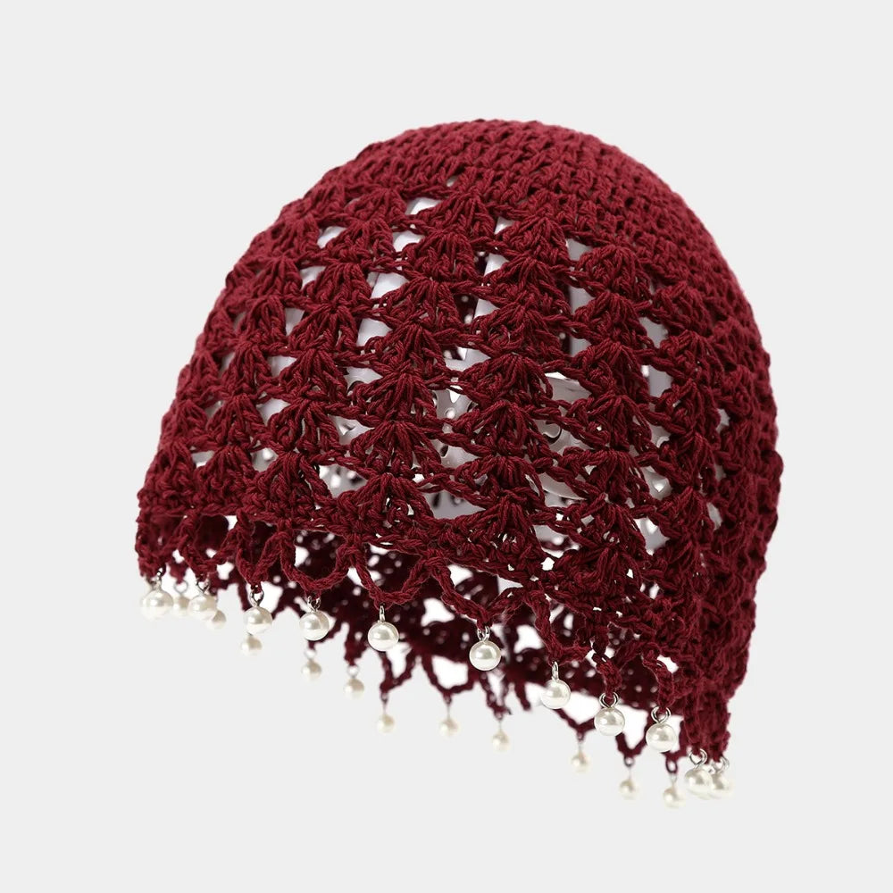 Cute Sweet Crochet Hollow Knitted Hat Bohemian Style Hollow Out Ethnic Style Hat Korean Beads Tassels Weave Cap Outdoor