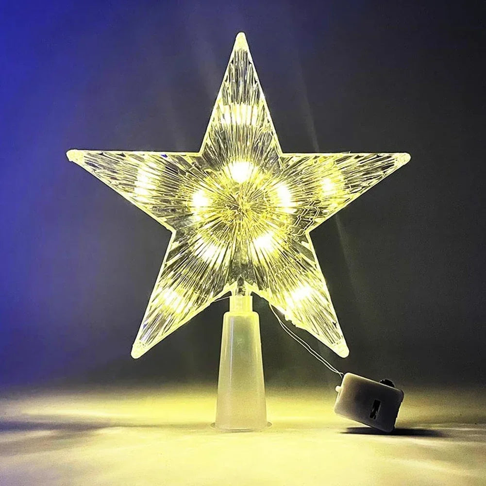 15CM LED Transparent Five-pointed Star Merry Christmas Tree Toppers Cristmas Decorations for Home Xmas Ornaments Navidad