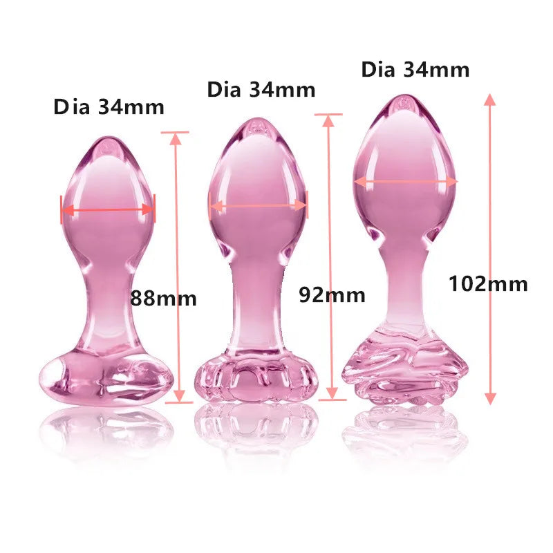 Small Pink Glass Butt Plug Crystal Huge Ball Anal Beads Fake Penis Heart Rose Glass Anus Dildo Set Adult Masturbation Toy