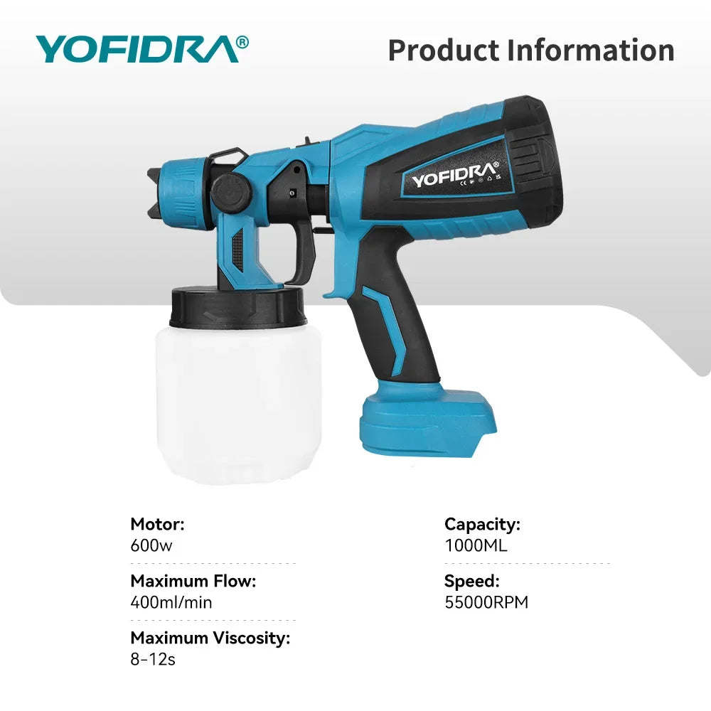 YOFIDRA 1000ML Cordless Electric Spray Gun 55000RPM Handheld Paint Sprayer Auto Coating Airbrush Tool for Makita 18V Battery Pin