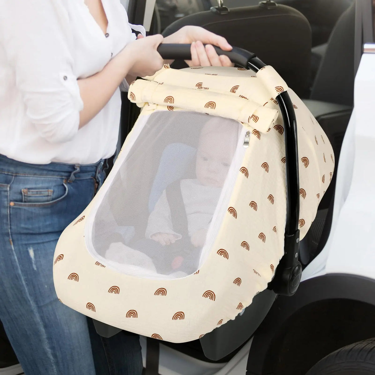 Muslin Car Seat Cover Baby - Breathable and Privacy Car Seat Canopy with 3 Modes - Easy Install & Gift Box Packaging