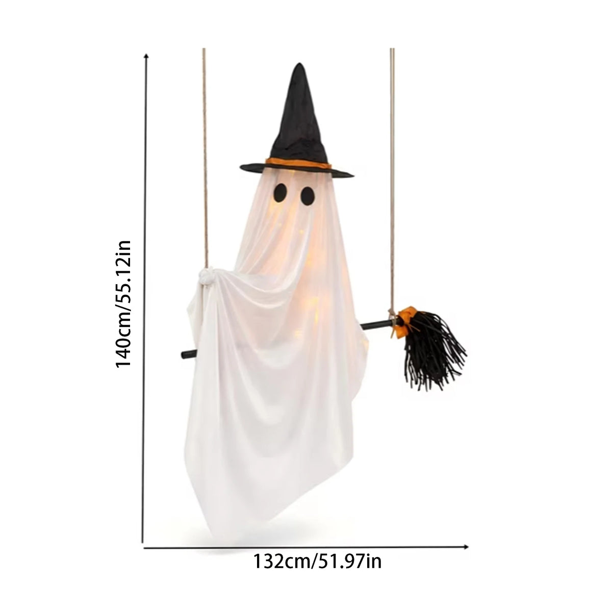 Halloween Porch Decor Glowing Swinging Ghost Prop Halloween Hanging Swing Ghost Decoration with Witch Hat Light-up for Yard