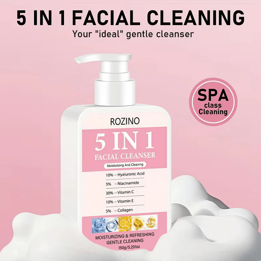 150g Large Capacity 5 in 1 Facial Cleanser, Which Combines Hyaluronic Acid, Niacinamide, Vitamin C, Vitamin E, and Collagen. Its Rich Foam Can Deeply Cleanse Oil and Dirt, Gently Cleanse, Moisturize, Brighten the Skin, Make I