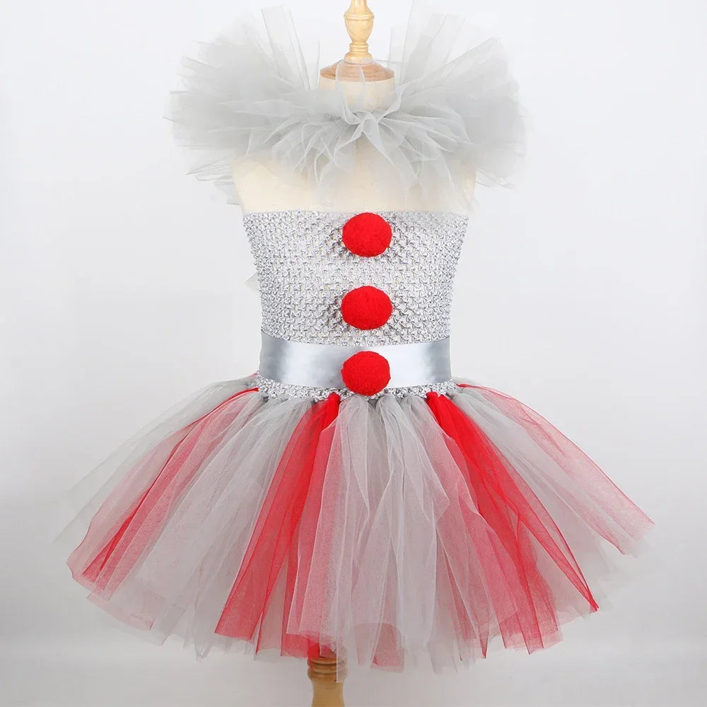 Halloween Pennywise Costume for Kids Creepy Clown Gray Joker Tutu Dress Outfit Girls Fancy Carnival Party Tulle Dress Up Clothes
