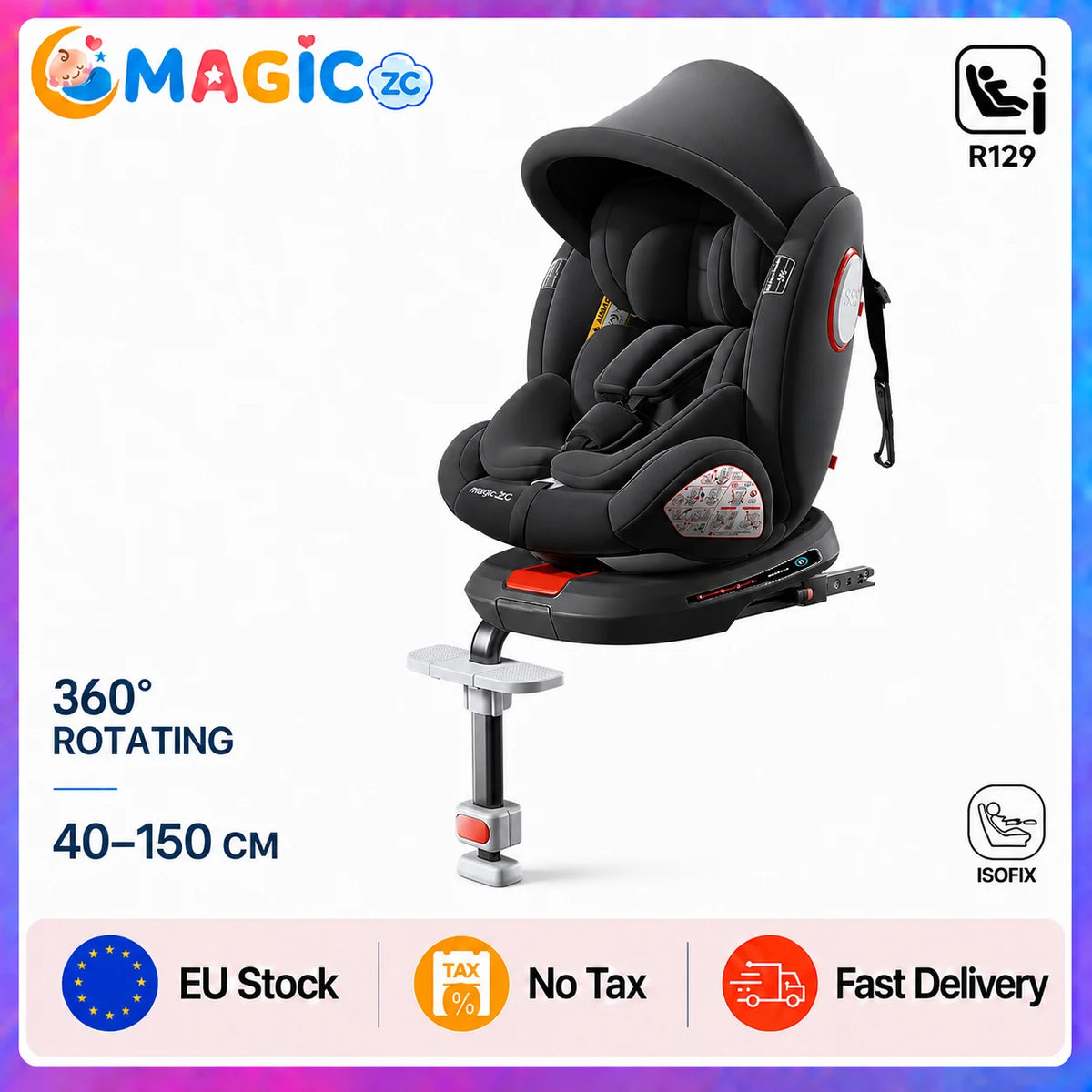 360° Swivel Baby Car Seat with Easy In Out Rotation ISOFIX I-Size R129 Child Seat 40-150cm 10-Position Headrest 4 Recline Angles Thick Padded Seat Side Impact Protection Rearward & Forward Facing for Infant Toddler Kids