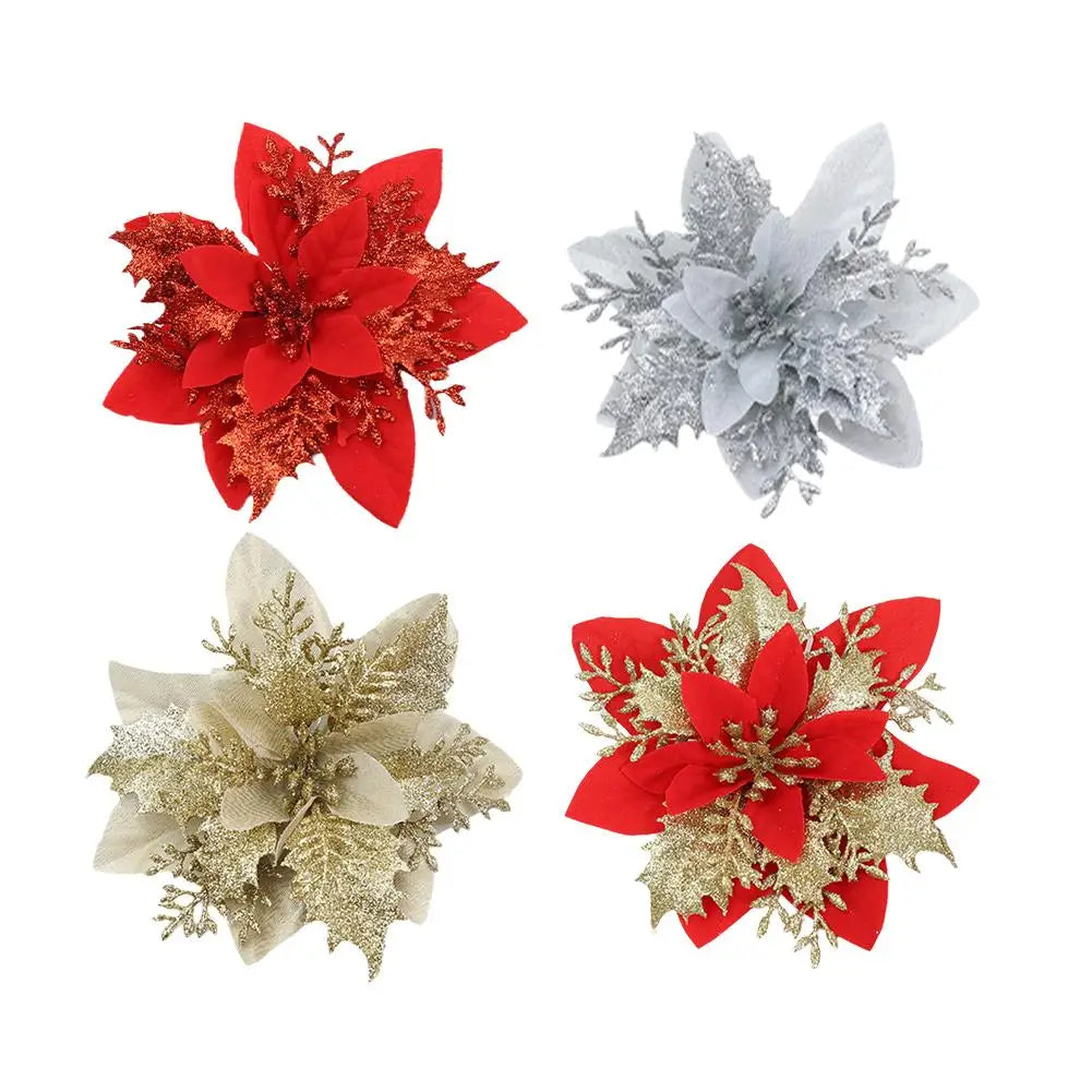 10Pcs Glitter Artificial Christmas Flowers Merry Christmas Tree Decoration Happy New Year Ornaments Xmas Flowers Decor