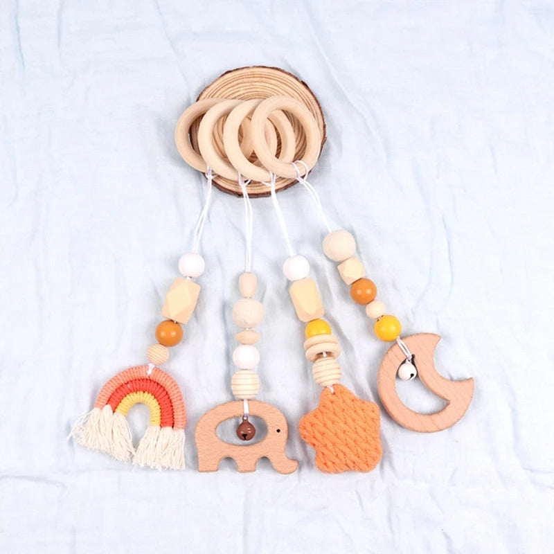 4 Pcs Beech Wood Baby Play Gym Frame Newborn Activity Fitness Rack Hanging Pendants Toys Crochet Rattle Teether Kids Room Decor